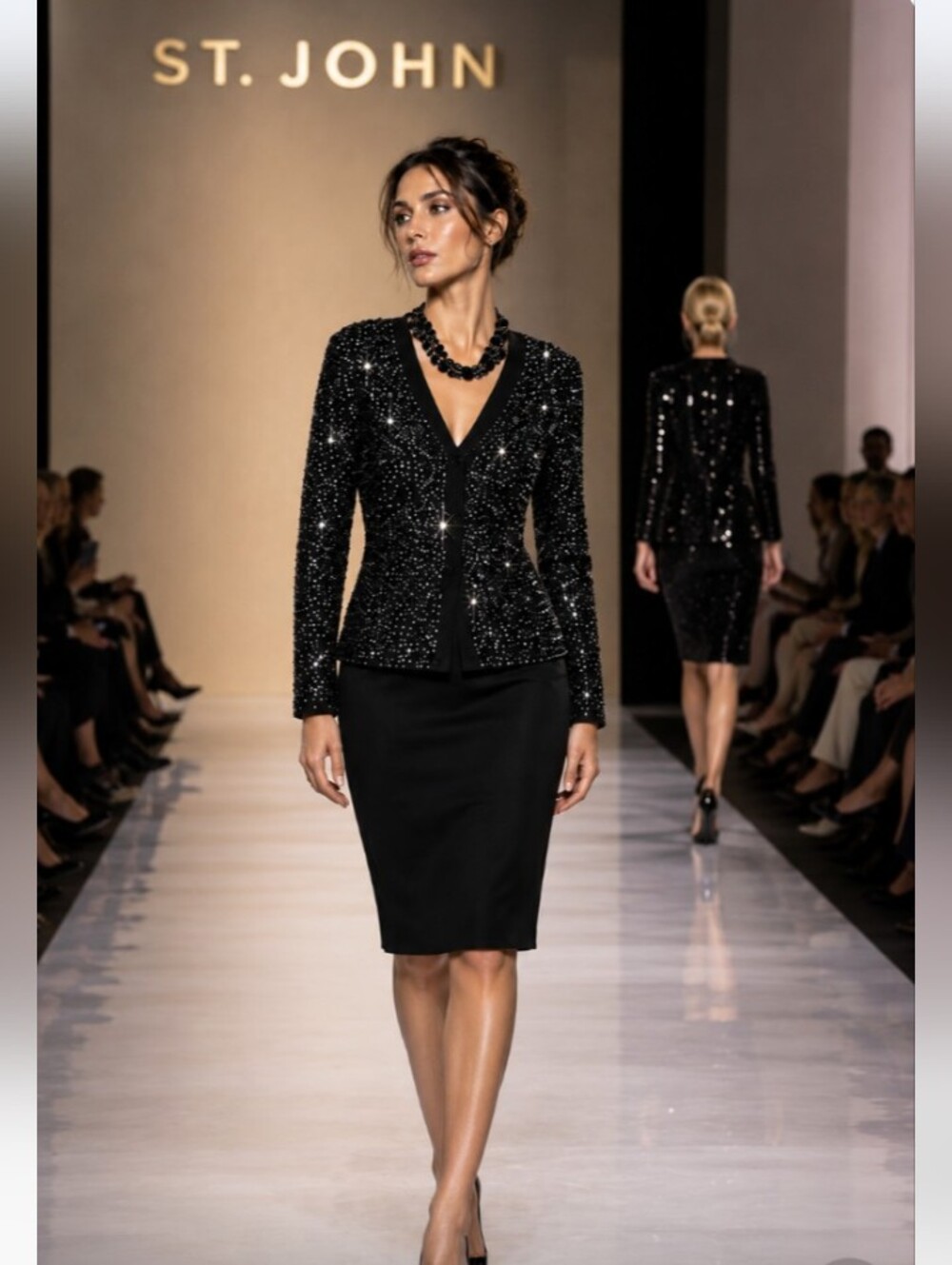 Exquisite St John Evening 6 Black Hundreds Swarovski Crystals Buttons Skirt Suit